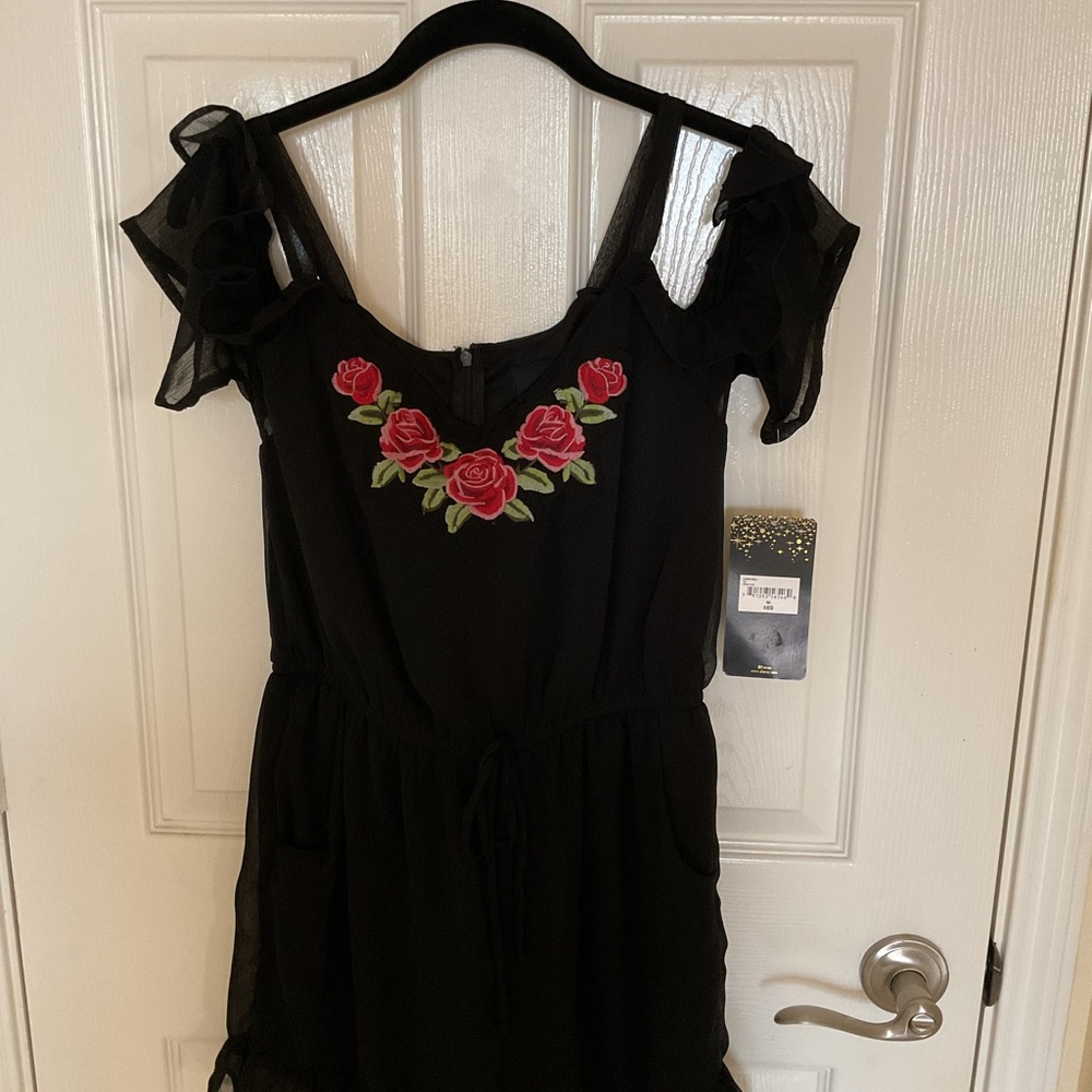 Disney Black Dress with Red Floral Embroidery